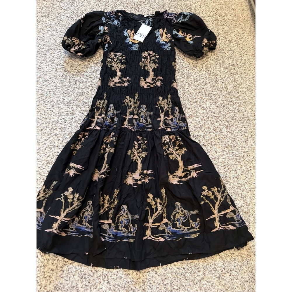 ZARA New Black  Embroidered Maxi Summer Dress size XL Ruffle Ballon Sleeve